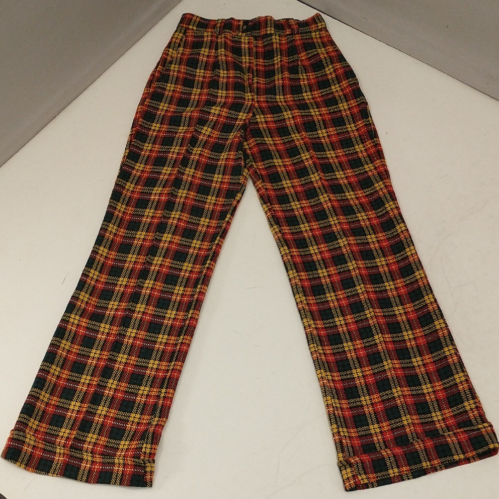 Vintage 70s Plaid Pants Cuffed Bell Bottom Flares High Waist Groovy Seventies